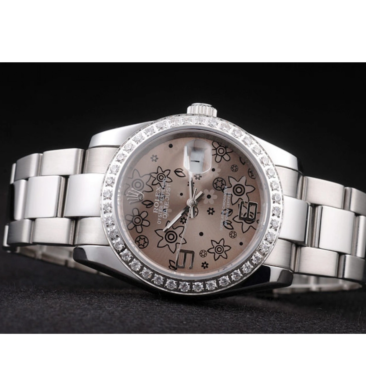 Aaa replica watch Polished Datejust Stainless Brown Steel Dial Diamond Flowers Plated Rolex 1025